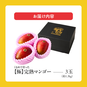 【2026年6月以降お届け】極　完熟マンゴー（3玉：約1.3kg）_完熟マンゴー 3玉 約 1.3kg 久留米産 平均糖度 17度～18度 完熟 マンゴー 国産 フルーツ トロピカルフルーツ 果物 デザート 冷蔵 クール便 お取り寄せ お取り寄せフルーツ 福岡県 久留米市 送料無料 〔Fm019〕