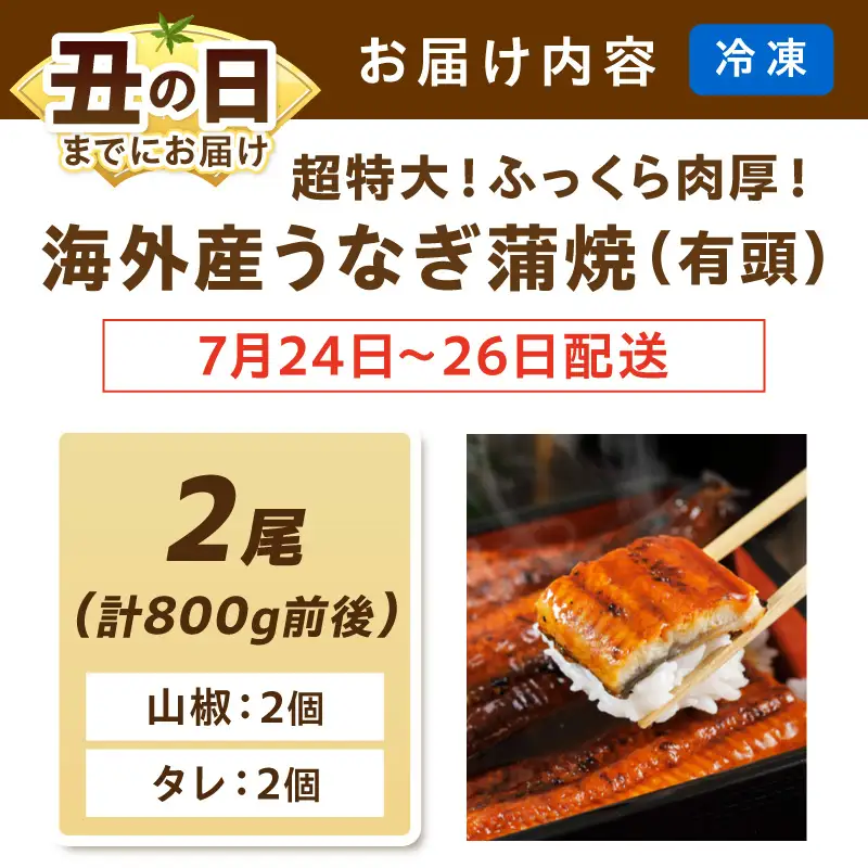 【7月24～26日配送】超特大！ふっくら肉厚！うなぎ蒲焼 2尾 合計800g前後 ふるさと納税 鰻 外国産 ウナギ 肉厚 蒲焼 鰻の蒲焼 有頭 蒲焼き