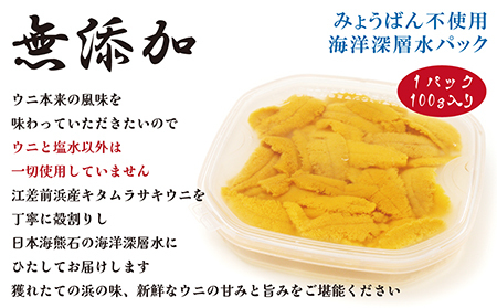 ＼水揚げ次第順次出荷／北海道 江差前浜産 生うに 200g（100g×2パック）【無添加・みょうばん不使用】令和8年　江差産天然キタムラサキウニ　日本海熊石産海洋深層水　塩水ウニ　素材を生かした自然の味　国産うに　雲丹　100グラムパック個包装