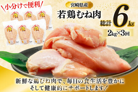 鶏肉 定期便 むね肉 若鶏 鶏むね肉 2kg 3回 総計6kg [ミヤケイフード 宮崎県 美郷町 31bp0012]