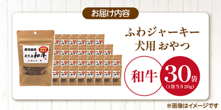 国産 ふわジャーキー 犬用おやつ（和牛）20g×30袋_犬用 おやつ 20g × 30袋 セット内容 和牛 ジャーキー 全犬種用 パウチ入り 肉 素材の旨味 無着色 高たんぱく質 やわらかい 厳選 ちぎれる サイズ調整 パピー犬 シニア犬 ふわふわ サクサク 福岡県 久留米市 送料無料 〔Pf072-01〕
