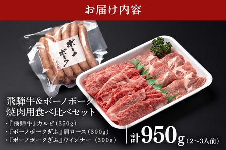 飛騨牛 A5等級【冷蔵配送】飛騨牛・ボーノポーク・ウインナー 焼肉用食べ比べセット 2～3人前【950g】着日指定可