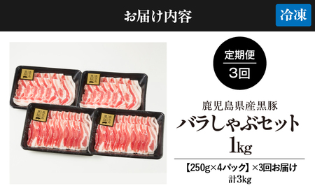 【全3回定期便】鹿児島県産 黒豚 バラ しゃぶ セット 1kg （250g×4パック）×3回 お届け 計3kg KN054-T05 肉 豚肉 鍋