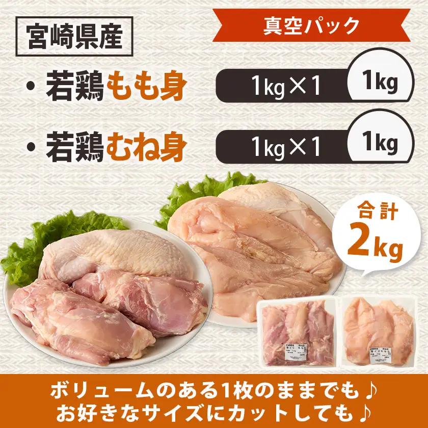 宮崎県産若鶏もも身&むね身2kgセット〔AA-M601〕_(都城市) 宮崎県産若鶏 真空パック もも身 むね身 2kgセット 鶏肉