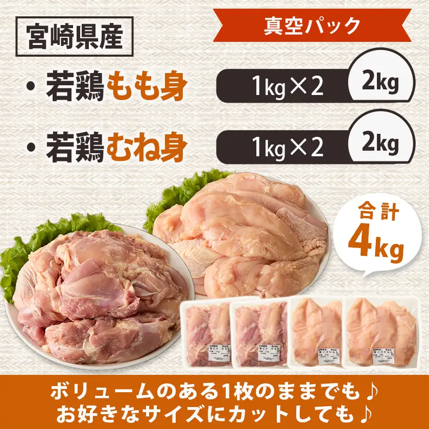 宮崎県産若鶏もも身&むね身4kgセット〔13-M602〕_(都城市) 宮崎県産若鶏 真空パック もも身 むね身 4kgセット 鶏肉