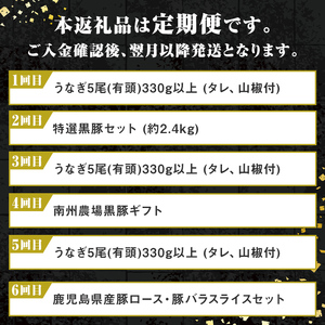 【F90004】＜定期便・全6回＞肝付町セレクト定期便《 鰻5尾と豚肉を楽しむ定期便》 鹿児島 豚肉 鹿児島県産 黒豚 鰻 とんかつ しゃぶしゃぶ ハム ウィンナー 定期便 セレクト 冷凍 冷凍食品 【株式会社きもつき未来商社そらまち】