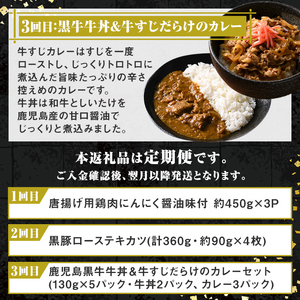 【C90001】＜定期便・全3回＞肝付町セレクト定期便《肉だらけお試し定期便》 鹿児島 牛肉 黒毛和牛 豚肉 黒豚 鶏肉 唐揚げ 味付け 定期便 セレクト 加工品 肉加工品 簡単調理 冷凍 冷凍食品 【株式会社きもつき未来商社そらまち】