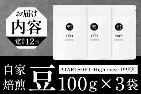 【定期便12回】【豆タイプ】珈琲屋 中-ATARI- SOFT (中煎り) -High roast- 100g×3袋×12回【徳島県 那賀町 自家焙煎 コーヒー 珈琲 ブレンド コーヒー豆 珈琲豆 豆 スペシャリティコーヒー レギュラーコーヒー 中煎り ハイロースト 詰め合わせ ギフト プレゼント お取り寄せ】CO-15