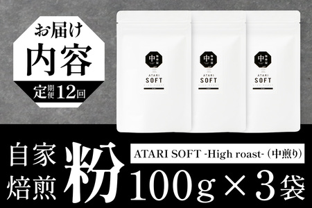 【定期便12回】【粉タイプ】珈琲屋 中-ATARI- SOFT (中煎り) -High roast- 100g×3袋×12回【徳島県 那賀町 自家焙煎 コーヒー 珈琲 ブレンド コーヒー粉 珈琲粉 粉 スペシャリティコーヒー レギュラーコーヒー 中煎り ハイロースト 詰め合わせ ギフト プレゼント お取り寄せ】CO-16