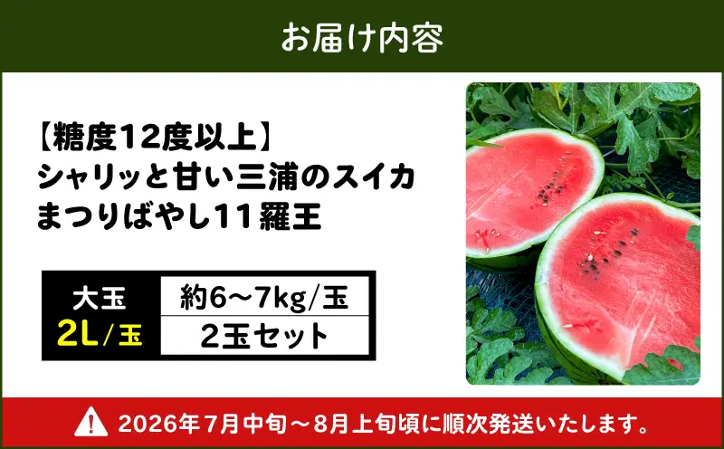 【 糖度12度以上 】シャリッ と 甘い 三浦の大玉スイカ まつりばやし11  2L 6～7kg を 2玉 M107-002-04 果物 すいか