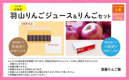 りんご 【4ヶ月定期便】品種おまかせ！羽山のりんごジュース6本と羽山りんご5kg×3回 【斎藤りんご園】