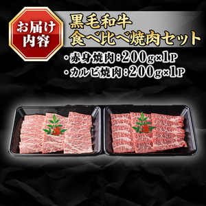 isa688 鹿児島県(カミチクファーム 大口農場)産 黒毛和牛食べ比べ焼肉セット(合計400g・赤身・カルビ各200g×1パック) 黒毛和牛 焼肉 食べ比べ セット 和牛 A5 ランク 雌牛 霜降り 赤身 肩 カルビ モモ バラ 牛肉 アウトドア 小分け 冷凍 【お肉の直売所 伊佐店】