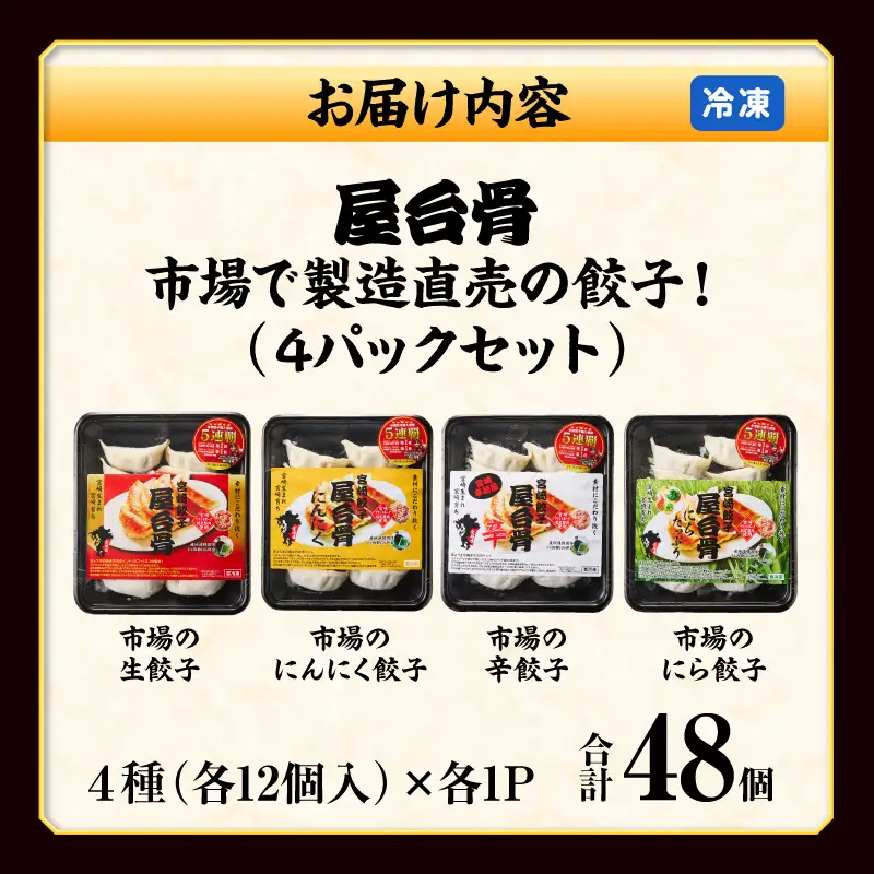 市場で製造直売の餃子！ 4パックセット 餃子 ギョウザ ぎょうざ ブランドポーク 生餃子 にんにく餃子 辛餃子 ニラ餃子 冷凍 屋台骨