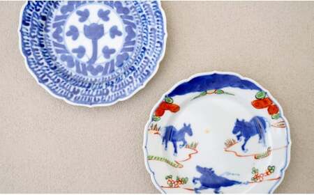 有田焼 13cm 輪花小皿 2柄セット（ 染付石垣 / 天啓赤絵群馬図）【福珠窯】食器 うつわ 器 お祝い 取り皿 菓子皿 古典柄 A35-316
