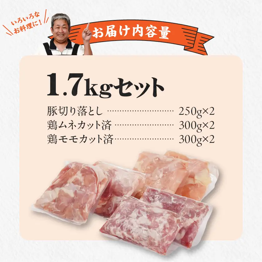 使いやすさ抜群!宮崎県産鶏肉(カット済)&豚肉切り落とし1.7kgセット〔AA-8412〕_(都城市) 宮崎県産鶏 モモ肉 ムネ肉 カット済 一口大 唐揚げ チキン南蛮 親子丼 宮崎県産豚 切り落とし 炒め物 煮物料理 セット