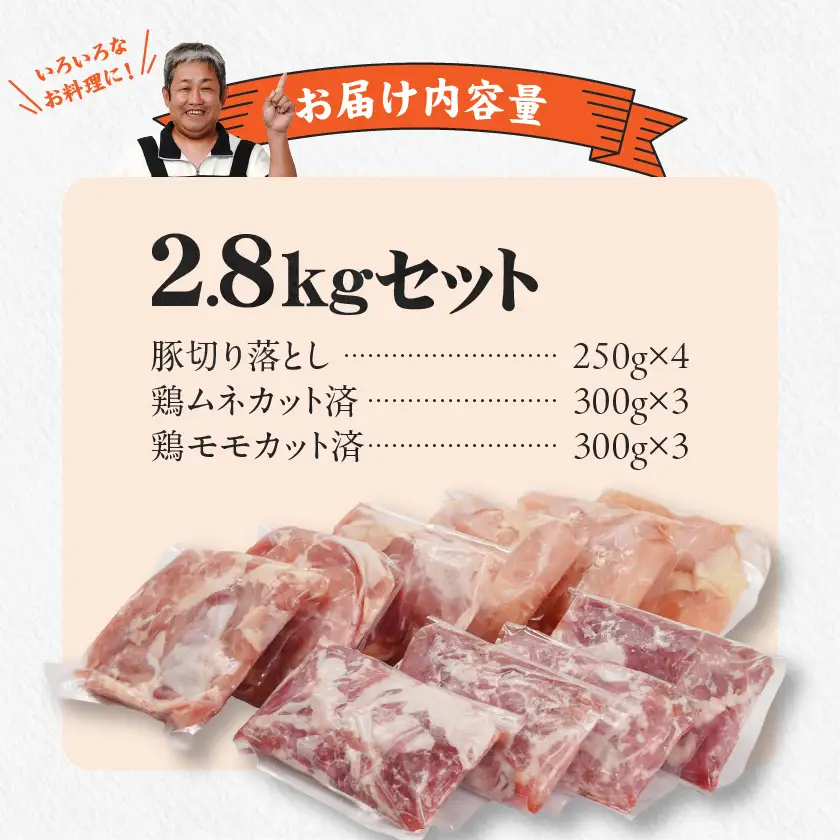 使いやすさ抜群!宮崎県産鶏肉(カット済)&豚肉切り落とし2.8kgセット〔13-8401〕_(都城市) 宮崎県産鶏 モモ肉 ムネ肉 カット済 一口大 唐揚げ チキン南蛮 親子丼 宮崎県産豚 切り落とし 炒め物 煮物料理 セット