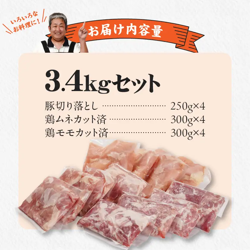 使いやすさ抜群!宮崎県産鶏肉(カット済)&豚肉切り落とし3.4kgセット〔MJ-8427〕_(都城市) 宮崎県産鶏 モモ肉 ムネ肉 カット済 一口大 唐揚げ チキン南蛮 親子丼 宮崎県産豚 切り落とし 炒め物 煮物料理 セット