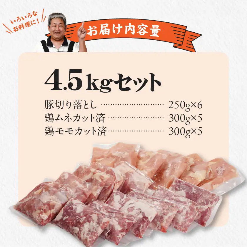 使いやすさ抜群!宮崎県産鶏肉(カット済)&豚肉切り落とし4.5kgセット〔18-8402〕_(都城市) 宮崎県産鶏 モモ肉 ムネ肉 カット済 一口大 唐揚げ チキン南蛮 親子丼 宮崎県産豚 切り落とし 炒め物 煮物料理 セット