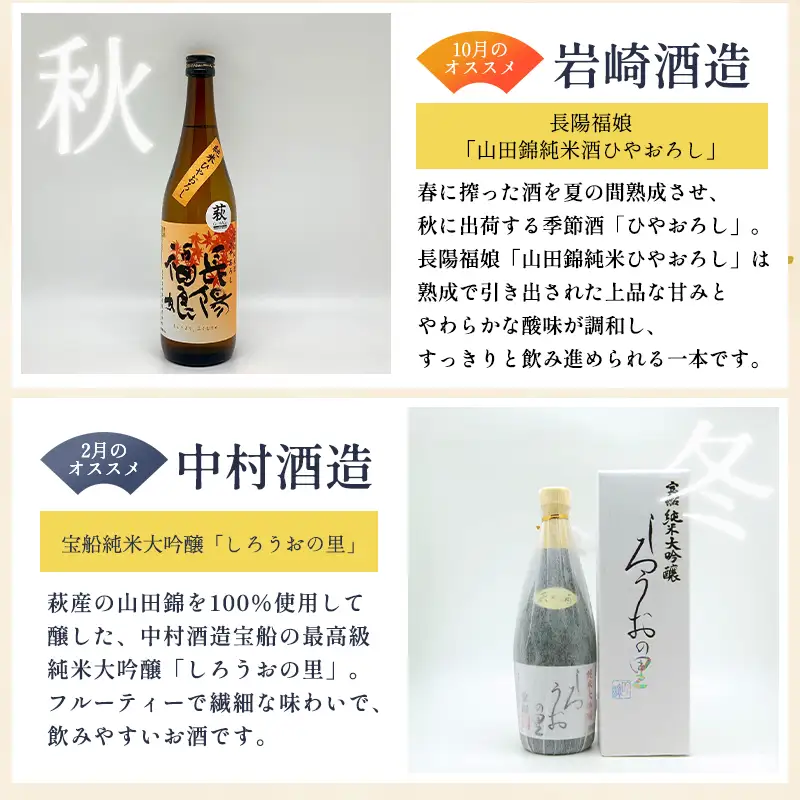 大人気・東洋美人壱番纏も含む！／萩の地酒定期便 隔月発送・6回コース