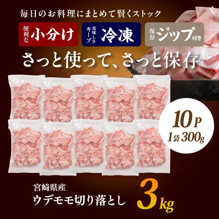 宮崎県産豚切り落とし3kg(ジッパー付袋入り)〔13-15-009-3kg〕_(都城市) 宮崎県産 豚肉 切落とし チャック付き 小分け 冷凍 省スペース ウデ肉 モモ肉 ストック 豚肉 小分け 使いやすい 焼きそば カレー 生姜焼き 肉野菜炒め アレンジ