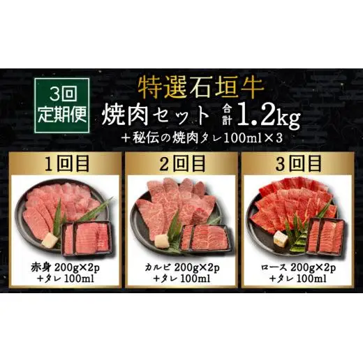 全3回合計1.2kgの焼肉セット　赤身（モモ、ランプ）、カルビ、ロース各400gずつ&石垣牛 MARU秘伝の焼肉タレ100ml×3本 　IM-44t