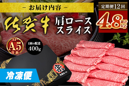 【定期便12回配送】＼とろける佐賀牛／【佐賀牛肩ローススライス400g】ブランド牛 霜降り 極上 高級肉 贅沢 すき焼き しゃぶしゃぶ 鍋 大容量 肉の甘み 柔らかい ギフトにも最適 定期便 12ヵ月 お中元 お歳暮　R-11