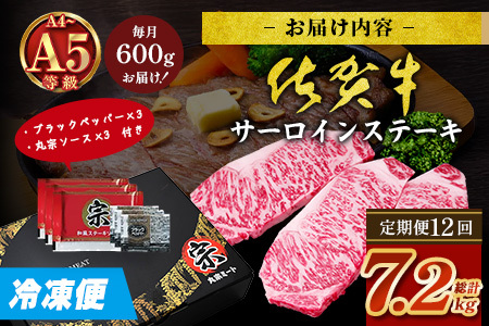 【定期便12回配送】＼極上のご褒美肉！／佐賀牛サーロインステーキ 200g×3枚 全12回配送 計7,200g｜A5・A4等級 厳選黒毛和牛 とろける霜降り 高級ステーキ 贈答 ギフト対応可 定期便 定期配送 国産牛 佐賀県鹿島市 送料無料 V-72