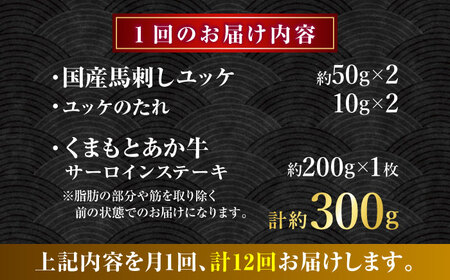 【全12回定期便】くまもとあか牛サーロインステーキと国産馬刺しユッケ贅沢セット 計約300g【有限会社 スイートサプライなかぞの】[ZBV096]