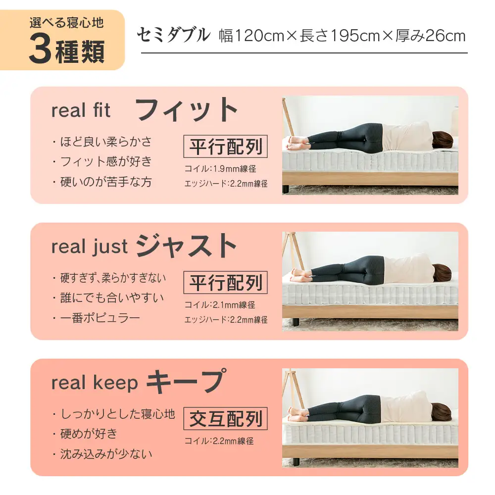 マットレス セミダブル 咲夜レアル 抗ウイルス加工 衛生タイプ 源ベッド ポケットコイル 6.7インチ 選べる3種の寝心地 デオファクター deofactor 圧縮梱包 制菌加工 抗かび加工 両面仕様_CH041_RDsd