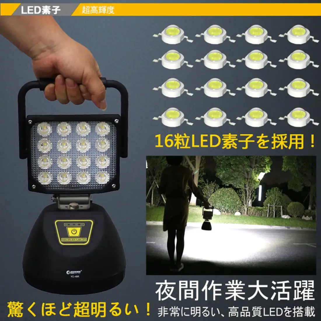 充電式LED 48W 底部マグネット USB出力 中角90° 小型スタンドライト YC-48K