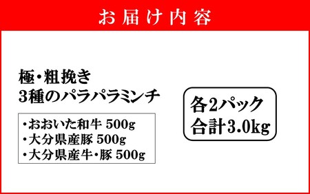 極・粗挽き! 大分県産 牛 ･ 豚 3種のパラパラミンチ 挽肉 各500g×2P ひき肉 あらびき 便利 国産 おおいた和牛 豊後牛_2589R-2