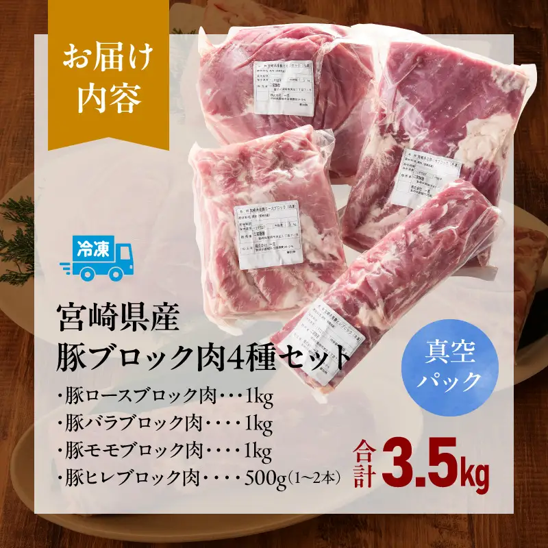 豚肉 ヒレ 豚肉[宮崎県産 ブロック 4種 3.5kg ロース バラ モモ]