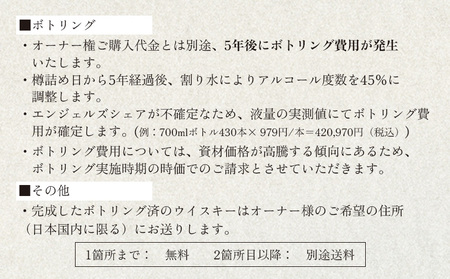 ★TWSC2025金賞受賞★【ウイスキー樽オーナー権】 馬追蒸溜所プライベートカスク250L（700ml×約430本分）EXシェリー・中標津町産モルト100%【5400301】