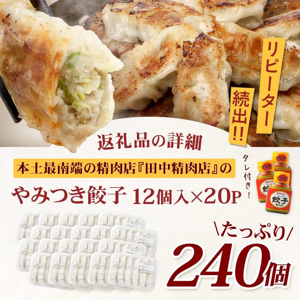《リピーター続出！》佐多の田中肉屋 ニンニクたっぷりやみつき餃子 240個（12個入り×20パック） 餃子のタレ3本付き TA-2 | ぎょうざ 餃子 ギョウザ 豚肉 ひき肉 にんにく スタミナ餃子 焼くだけ 簡単 小分け 大容量 手作り お惣菜 おかず 冷凍 鹿児島県 南大隅町 田中精肉店
