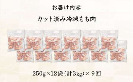 ＜9ヶ月定期便・数量限定＞ 小分け＆バラバラ！宮崎県産鶏ももカット 合計27kg (250g×12袋×9ヶ月定期便)_K043-T006