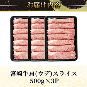 宮崎牛 肩(ウデ) スライス (計1.5kg・500g×3P) すき焼き お肉 牛肉 黒毛和牛 宮崎牛 ブランド和牛 冷凍 国産 肩 ウデ スライス 宮崎県産 しゃぶしゃぶ 【YM-15】【YAMATO株式会社】