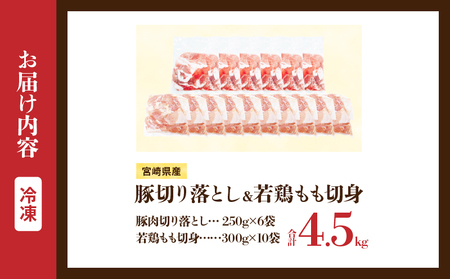 宮崎県産 豚肉切り落とし＆若鶏もも切身セット 合計4.5kg 肉 豚 鶏肉 小分け 真空パック 国産 食品 万能食材 豚丼 焼肉 から揚げ とり天 炒め物 おかず お弁当 おつまみ 詰め合わせ 食べ比べ おすすめ 冷凍 宮崎県 日南市 送料無料_CD72-25