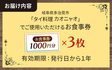 タイ料理Kaonyao お食事券3，000円分 多治見市 / タイ料理 屋台料理 カオニャオ チケット[THH001]