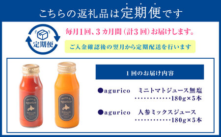 【3回定期便】北海道産 agurico 野菜ジュース セット 180ml 10本入り 2種 各5本 計10本×3回 | 飲料 ジュース ミニトマト 無塩 にんじん