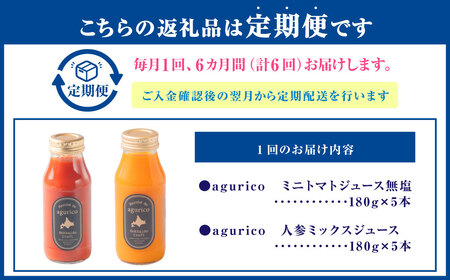 【6回定期便】北海道産 agurico 野菜ジュース セット 180ml 10本入り 2種 各5本 計10本×6回 | 飲料 ジュース ミニトマト 無塩 にんじん