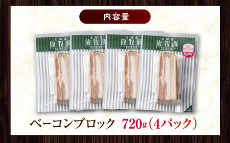 放牧豚 ベーコンブロック 計720g（180g×4） 無添加 無塩せき 発色剤不使用 北海道 [AXBA113]