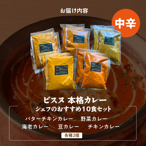 【中辛】ビスヌ 本格カレー　シェフのおすすめ10食_ビスヌ 本格 カレー シェフ おすすめ 10食 バターチキン 豆 海老 チキン 野菜 各 2個 中辛 インドカレー スパイス こだわり インド 直輸入 Aランク できたて 冷凍 真空パック お取り寄せ 福岡県 久留米市 送料無料 〔Ca047-02〕