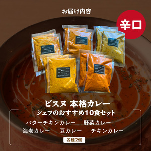【辛口】ビスヌ 本格カレー　シェフのおすすめ10食_ビスヌ 本格 カレー シェフ おすすめ 10食 バターチキン 豆 海老 チキン 野菜 各 2個 辛口 インドカレー スパイス こだわり インド 直輸入 Aランク できたて 冷凍 真空パック お取り寄せ 福岡県 久留米市 送料無料 〔Ca047-03〕