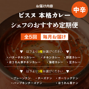 【中辛】【定期便5回】ビスヌ 本格カレー　シェフのおすすめ定期便（毎月お届け）_定期便 5回 ビスヌ 本格 カレー チキン バターチキン 海老 豆 野菜 ほうれん草チキン ナン プレーン チーズ ガーリック パンプキンチーズ ほうれん草 中辛 できたて 真空パック 冷凍 福岡県 久留米市 送料無料 〔Tk039-02〕