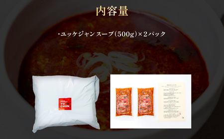 ユッケジャンスープ (500g×2パック) ふるさと納税 福知山市 人気 おすすめ ランキング ユッケジャン スープ 韓国 ピリ辛 塩味 辛うま 醤油 ごま油 塩胡椒 煮込み 旨味 牛肉 牛骨出汁 コチュジャン 粉トウガラシ おかず ごはん 【fc-EO009】【焼肉・冷麺ユッチャン。】