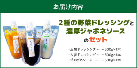 無添加ドレッシングと濃厚ジャポネソースのセット（500g）計3本_2種 野菜 ドレッシング ジャポネソース 各 500g 計 3本 セット 非加熱 生酵素 低オイル ヘルシー 人参 玉ねぎ 甘み 癖になる 美味しさ 玉ねぎドレッシング 人参ドレッシング フレッシュ 濃厚 洋食店の味 万能 ソース お取り寄せ 福岡県 久留米市 送料無料 〔Cd021-01〕