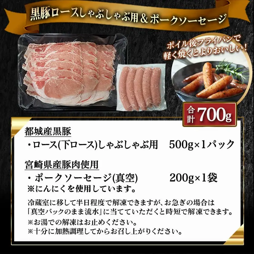黒豚ロースしゃぶしゃぶ用500g&ポークソーセージセット〔AA-N404〕_(都城市) 都城産黒豚 ロース しゃぶしゃぶ用 500g×1パック 宮崎県産豚肉使用 ポークソーセージ 真空 200g×1袋 豚肉