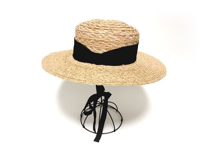 Mia Hat Lace Canotier Wide 003 レース キャノチェ ワイド 麦わら帽子【Black】 帽子 58cm 天然草木 ラフィア 黒 リボン ファッション 日本製 ギフト プレゼント 北杜市 [h333]