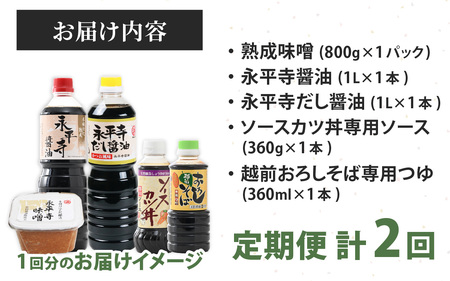【2回お届け 定期便】越前・永平寺調味料セット【お届け対象月 10月,1月,4月,7月】お味噌 味噌汁 みそ しょうゆ 調味料 定期便 頒布会　C-014006