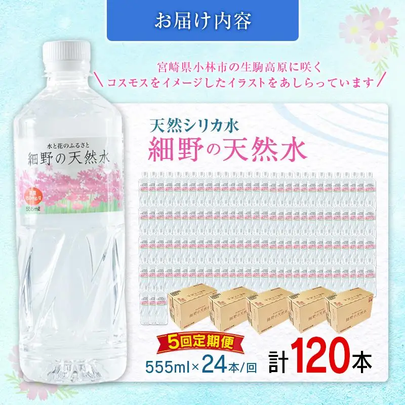 【定期便】 天然シリカ水 細野の天然水 555ml 24本 5回 中硬水 ミネラルウォーター シリカ ケイ素 霧島連山の贈り物 常温保存 備蓄 防災 宮崎県